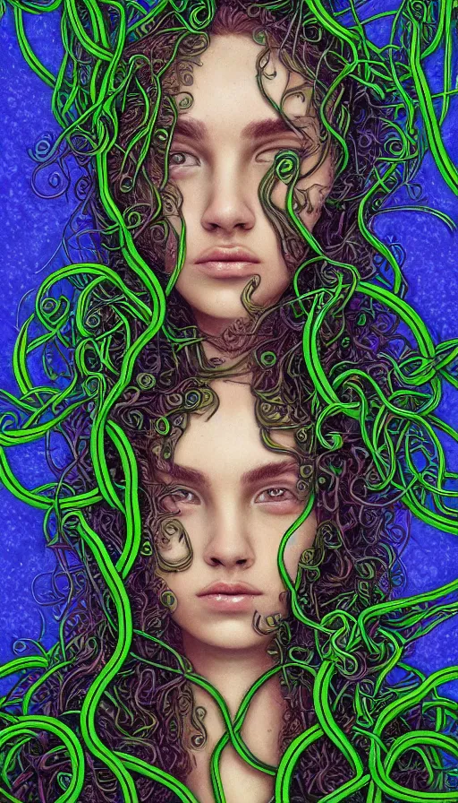 Image similar to very detailed portrait of a 2 0 years old girl surrounded by tentacles, the youg woman visage is blooming from fractal and vines, by david eichenberg