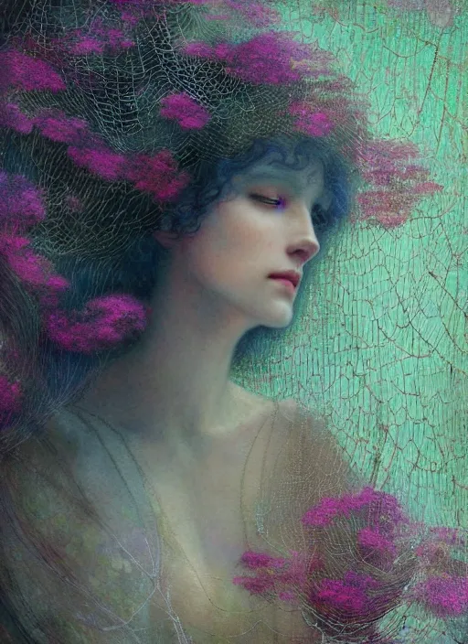 Prompt: a beautiful woman portrait covering with flowers, thin tendrils and moss and spiderweb, by jean delville, by edmund dulac, by jean giraud, by ellen jewett, landscape photography composition, vivid colors, octane render, redshift render