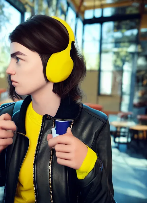 Image similar to young adult woman in a coffee shop wearing bright yellow headphones and a leather jacket looking unamused, natural light, unreal engine