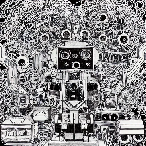 Prompt: “geometrically incomprehensible surreal order of robot factory, extremely high detail, photorealistic, intricate line drawings, dotart, album art in the style of James Jean”