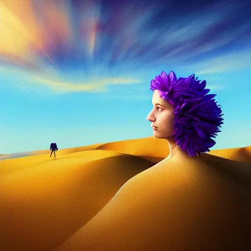 Image similar to portrait, giant purple dahlia flower head, woman between dunes, surreal photography, sunrise, blue sky, dramatic light, impressionist painting, digital painting, artstation, simon stalenhag