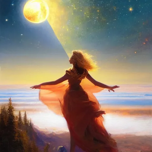 Prompt: a powerful golden witch floats on a horizon divided by her, the background is torn between the sun and the moon, in the background you can see the milky way. by Daniel F. Gerhartz, hyperrealistic oil painting, 4k, studio lightning, very detailed faces