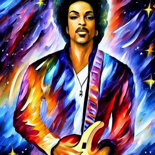 Image similar to a painting of prince in space in the style of leonid afremov. trending on artstation.