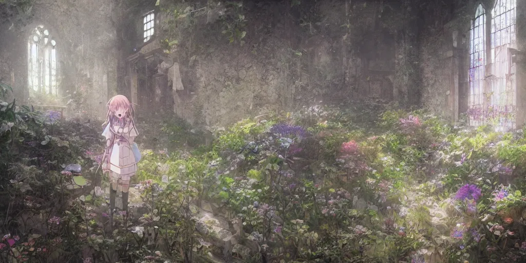 Image similar to anime kyoto animation key by greg rutkowski, perfectly detailed android girl in abandoned chapel with overgrown flowers and plants