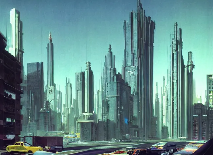 Prompt: 5 cars driving down a street in the city of [[[[[Eindhoven]]]]] next to tall buildings the night at 8:00 am, cyberpunk art by Chesley Bonestell, cgsociety, retrofuturism, matte painting, reimagined by industrial light and magic