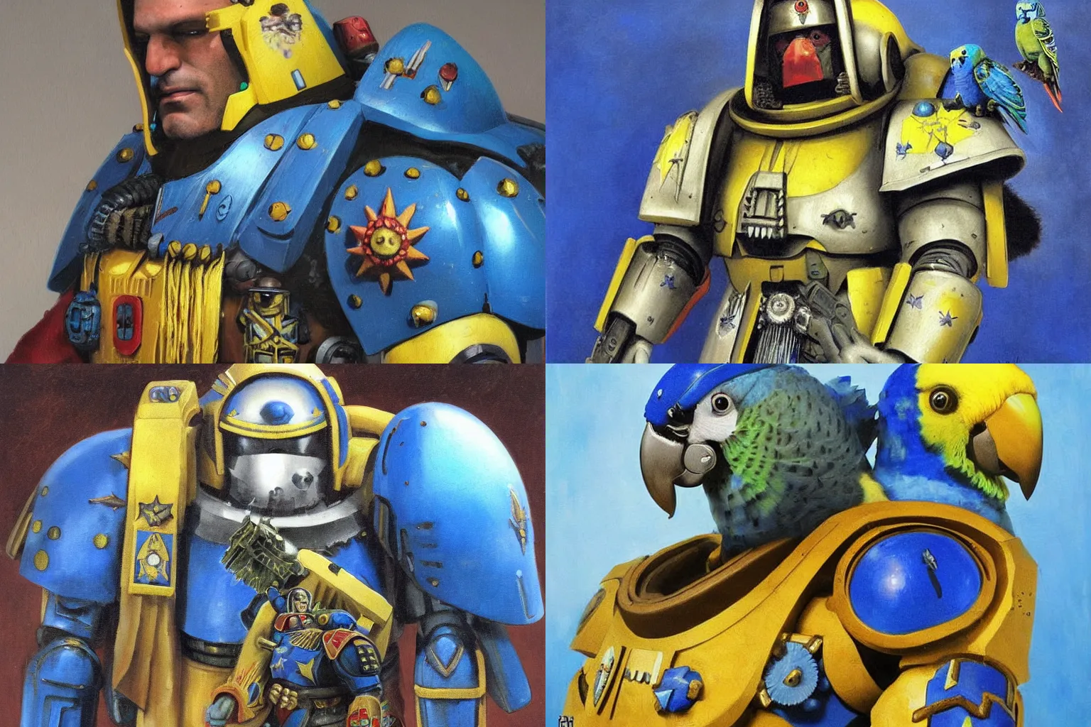 Prompt: a portrait of aBudgie Parakee as a Space Marine from the Warhammer 40k, ultramarine space marine Budgerigar, blue armor, glorious, masterpiece painting portrait of a Budgie Parakeet as a Warhammer 40k Space Marine by Rembrandt, Budgie Parakee as a Space Marine from Warhammer 40k