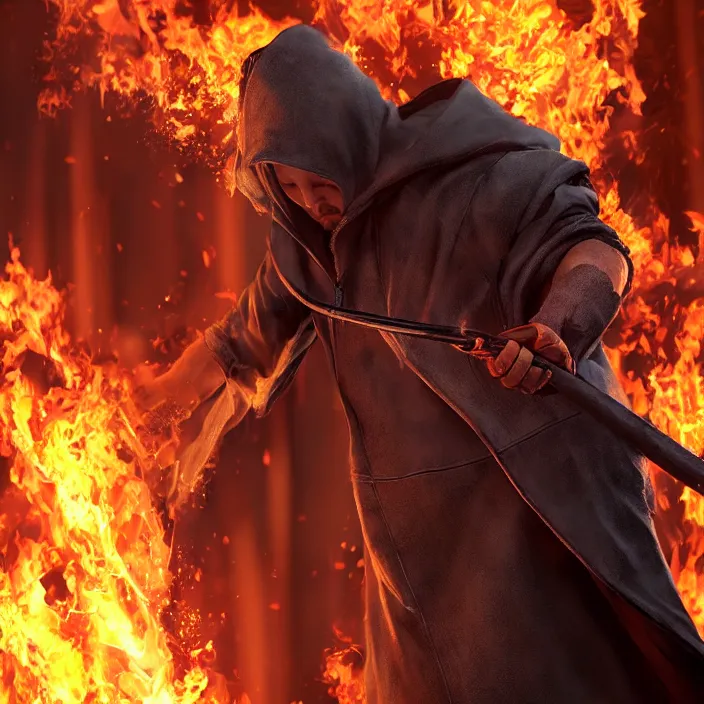 Image similar to hooded man dumping gas on a fire, octane render, 4 k ultra hd, hyper - detailed, realistic, seedy lighting, sharp focus, fantasy dark art