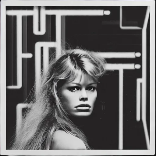 Image similar to stunning symmetrical portrait of beautiful brigitte bardot in front of a tall moog synthesizer, high contrast grainy blank and white photography print ilford warm tone, huge modular synthesizer