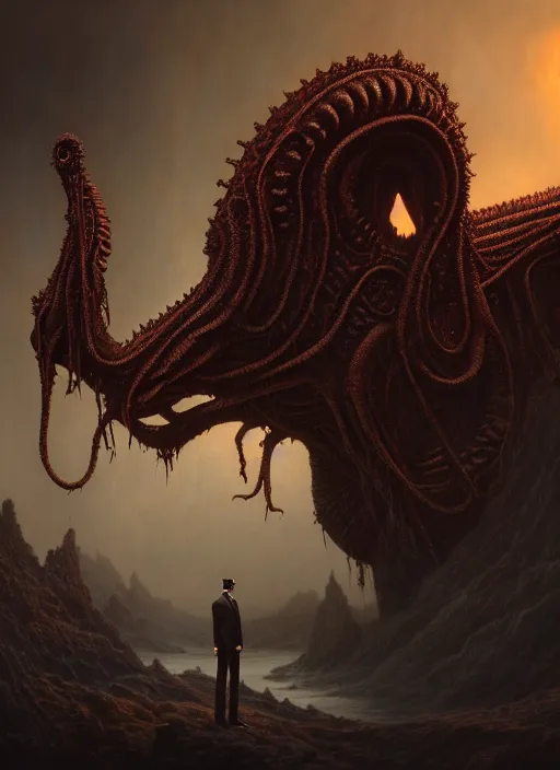 Image similar to stunning landscape suited man holding a touch, victorian era, lovecraftian horror, cosmic horror!! cinematic lighting, digital art, winning award masterpiece, fantastically beautiful, aesthetically inspired by wayne barlowe and gerald brom, trending on artstation, art by h r giger and greg rutkowski, octane render, 8 k