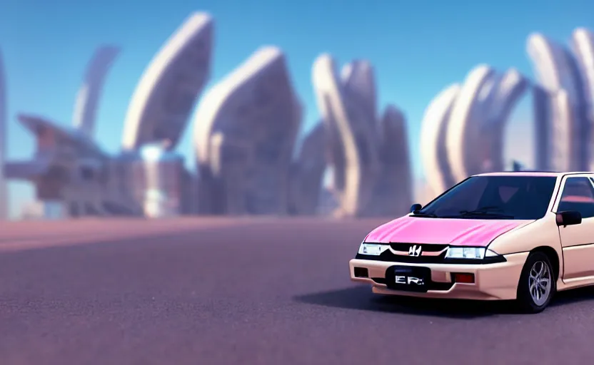 Image similar to photograph of a cell-shaded Honda EK9 Type-R, anime girl car wrap, speeding on a desert road with a futuristic city in the horizon, kicking up dirt, action shot, one point perspective, 1-point perspective, tilt shift, sigma 85mm f/1.4, 4k, depth of field, high resolution, 4k, 8k, hd, full color