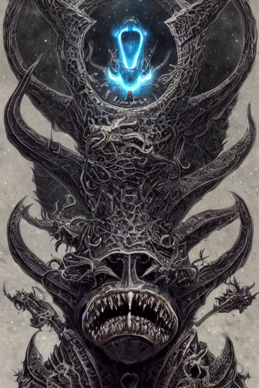 Image similar to sideview waist up portrait of anglerfish wear baphomet armor made with porcelain by jeff easley and peter elson, beautiful eyes and face, symmetry face, galaxy, gothic, surreal, dread, highly detailed, intricate complexity, epic composition, magical atmosphere, masterpiece, award winning, trending on artstation