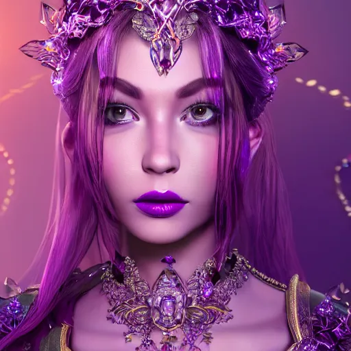 Image similar to portrait princess of amethyst, glowing, ornate and intricate purple jewelry, jaw dropping beauty, glowing background lighting, purple accent lighting, hyper detailed, fairy tale, 4 k octane render