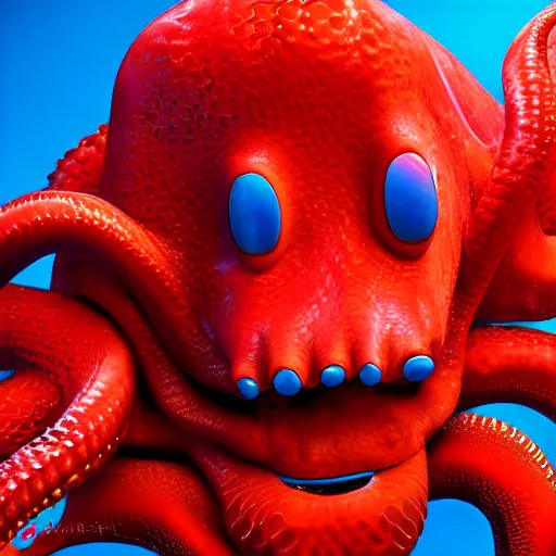 Image similar to portrait of red octopus, sly, cunning, blue background, pixar style animation 3d extremely gloomy lighting, atmospheric, cinematic, detailed illustration unreal Engine, 8K