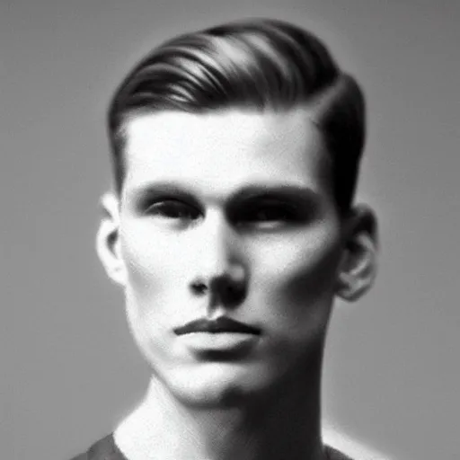 Image similar to A photograph portrait of Jerma985 with short hair in the early 1930s, taken in the early 1930s, grainy, taken on a early 1930s Kodak Camera, realistic, hyperrealistic, very realistic, highly detailed, very detailed, extremely detailed, detailed, digital art, trending on artstation