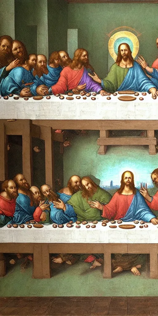 Image similar to the last supper with jesus, all the disciples are slimy green blobs, painted by leonardo da vinci
