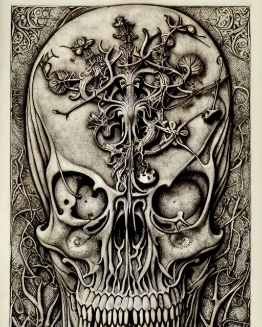 Image similar to memento mori by arthur rackham, art forms of nature by ernst haeckel, exquisitely detailed, art nouveau, gothic, ornately carved beautiful skull dominant, intricately carved antique bone, art nouveau botanicals, ornamental bone carvings, art forms of nature by ernst haeckel, horizontal symmetry, arthur rackham, ernst haeckel