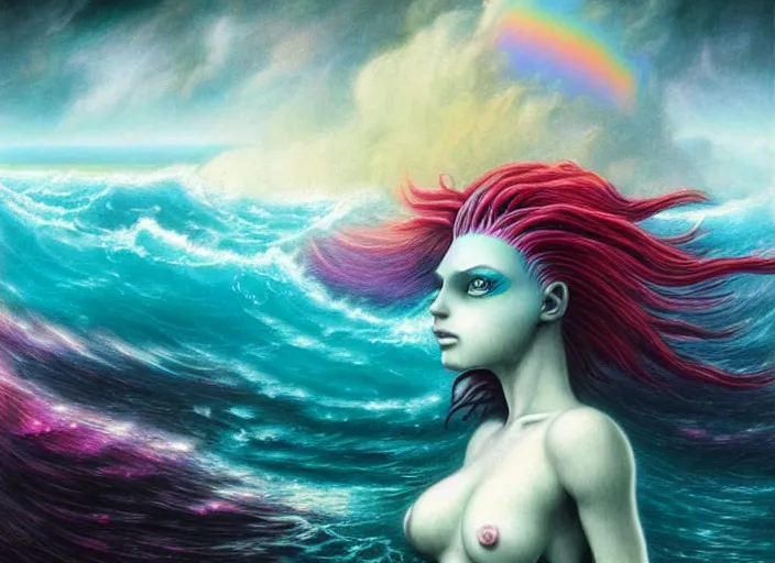 Image similar to realistic detailed image of a mermaid with rainbow hair swimming in an angry, stormy sea, anime art, anime, inspired by Mark Ryden and Zdzislaw Beksinski, gothic, rich deep colors. A masterpiece.