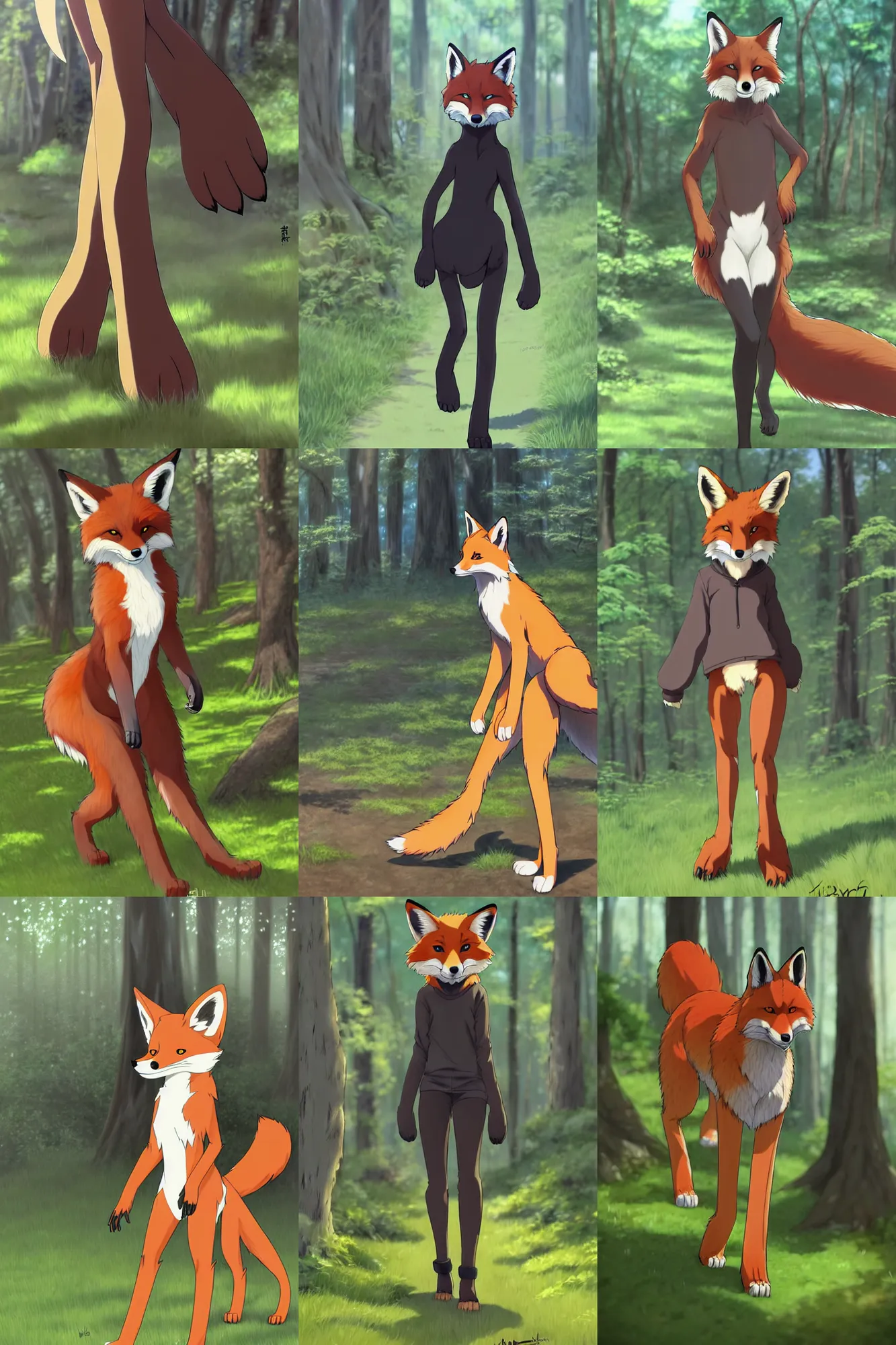 Prompt: furry!!!! art, anthro digitigrade!!!! natural - colored ( ( fox ) ) with black paws, walking upright in a forest, fursona commission, photorealistic, extremely detailed, anime key visual, pixiv, makoto shinkai, hibbary, dark natasha, goldenwolf, furaffinity, portrait