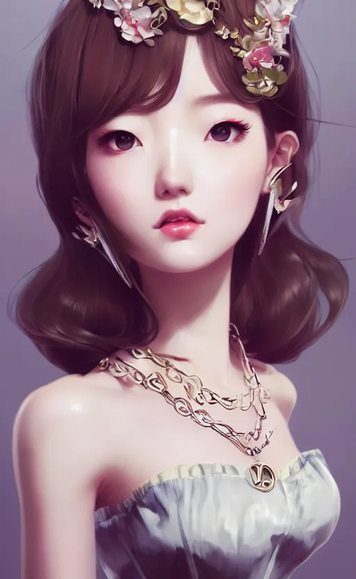 Image similar to a pin up and beautiful fashion charming dreamlke korea girl with lv jewelry, character art, art by artgerm lau and kyoung hwan kim and and ilya kuvshinov and john singer sargent, hyperdetailed, 8 k realistic, symmetrical, frostbite 3 engine, cryengine, dof, trending on artstation, digital art