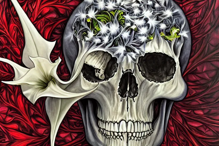 Image similar to an epic fantastic realism comic book style painting of datura flowers and a fractal skull within a fractal within a fractal within a fractal within a fractal all contained in a human skull and complimented with the most beautiful datura flowers, dynamic lighting, datura, angel's trumpet, allegory of death