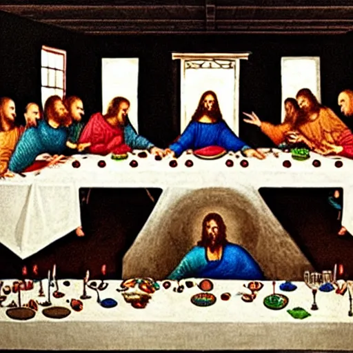 Image similar to the last supper with an alien sitting in the middle of the table