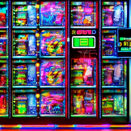 Image similar to vending machine item is a cybernetic rabbit, tilt shift, display photo, highly detailed, colorful, highly textured