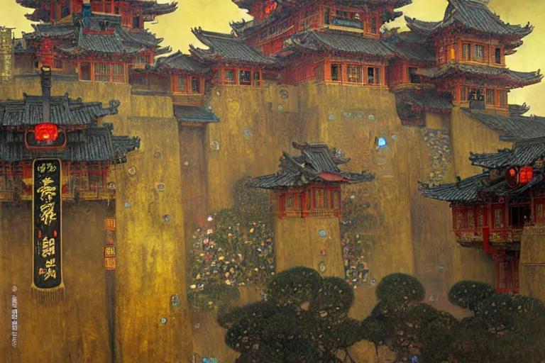 Image similar to cyberpunk chinese ancient castle, fantasy, painting by Gustav Klimt, greg rutkowski and alphonse mucha