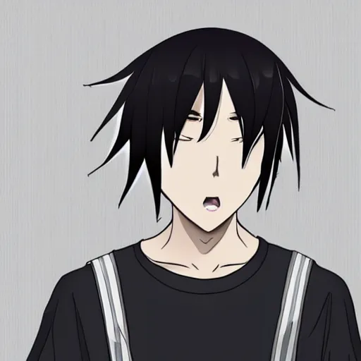 Image similar to anime style trans guy with black shaggy hair and piercings