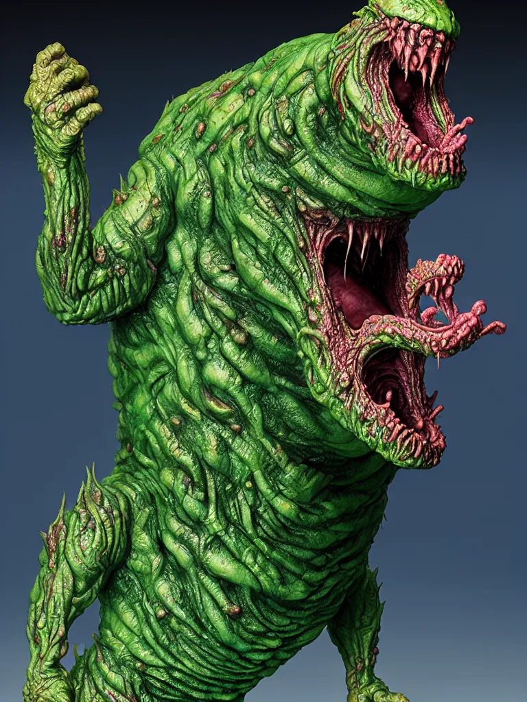 Image similar to hyperrealistic rendering, fat smooth wet cronenberg flesh monster smooth kaiju by art of skinner and richard corben and jeff easley, product photography, action figure, sofubi, studio lighting, colored gels