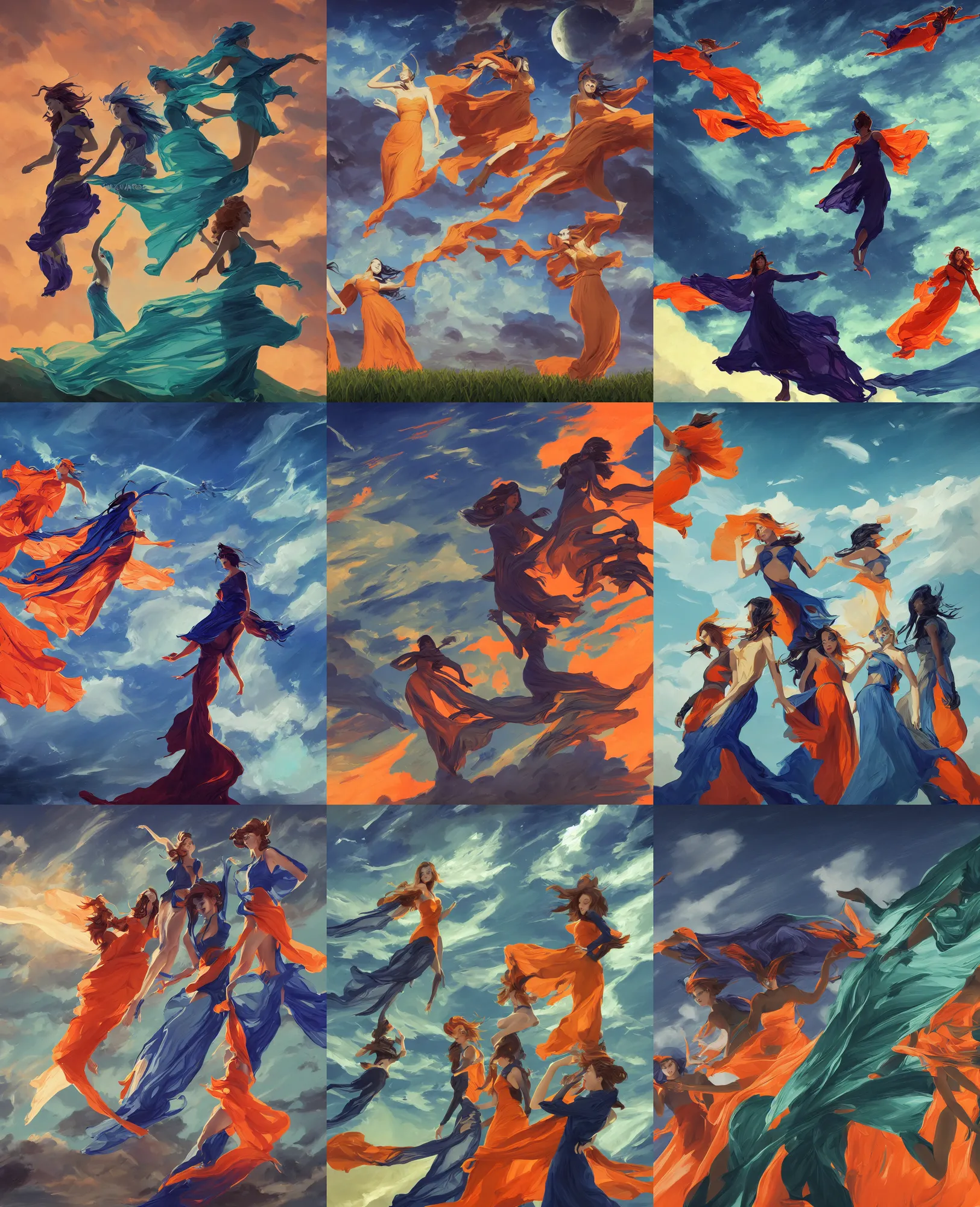 Prompt: three flying girl in orange and blue maxi dresses between clouds above green fields in moon light, close up portrait, elegant, league of legends and warframe, intricate, digital painting, artstation, concept art, dark night, epic composition, smooth, sharp focus, illustration, art by ed mell and Daniel F. Gerhartz and Jacek Malczewski and gustav klimt, Tibor Nagy