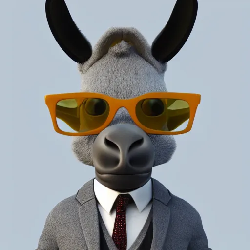 Prompt: 3D render of a donkey character in a suit and wearing cool sunglasses, gray background, amazing detail, artstation