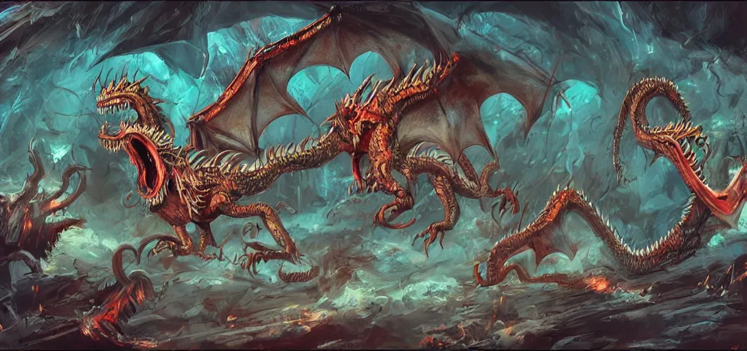 Image similar to concept art of dragon attack, lovecraftian, lots of teeth, melting horror, feathers, fighting the horrors of the unknown with laser guns