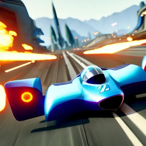 Prompt: new f - zero game 2 0 2 5, ps 5, rtx graphics, ultra reflections, unreal engine 5, f - zero rtx remaster, high - speed, blue tint, sci - fi flying racecars, artstation, photorealistic screenshot, bokeh, still, 5 0 mm, next - gen game