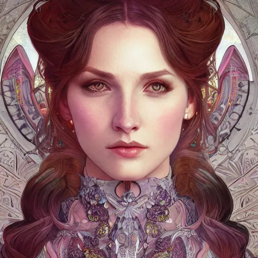 Image similar to a photograpic portrait of a pretty woman, spacepunk, fantasy, intricate, elegant, highly detailed, digital painting, artstation, concept art, smooth, sharp focus, illustration, art by artgerm and H R Giger and alphonse mucha