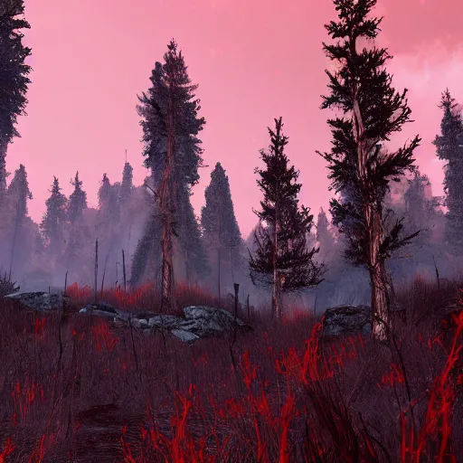 Image similar to a stunning screenshot of a magma forest with fire trees in Skyrim