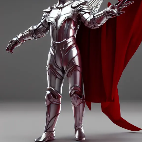 Image similar to cinematic full body shot of a male angel flying, white metallic armor, red cape, elegant pose, detailed arms, detailed white armor, two arms, two legs, detailed fanart, macro art, realistic digital art, DeviantArt, artstation, 3D realistic, 8k HD, octane render