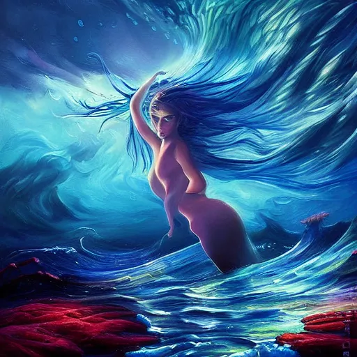 Prompt: hypnotic sea goddess, beautiful composition, wide angle, colorful, cinematic, volumetric lighting, intricate details painting