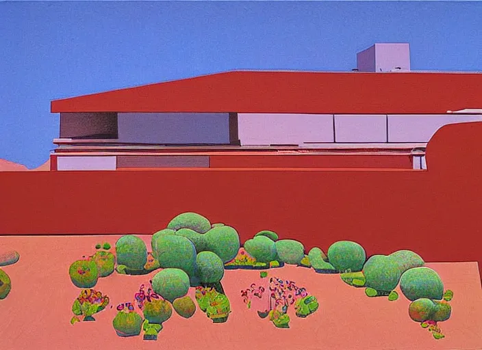 Image similar to painting of a frank lloyd wright house in the california desert by david hockney