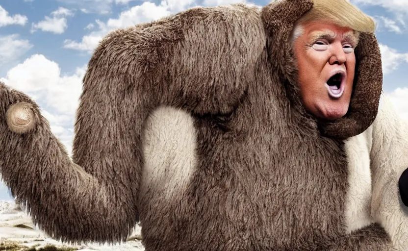 Prompt: Donald Trump in a baby mammoth costume , with an open face