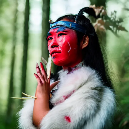 Prompt: Princess Mononoke as a real person, asian woman with red facepaint, determined expression, looking at the camera, standing next to a white wolf, in a forest, telephoto, backlit, 85mm lens, f1.8, highly detailed