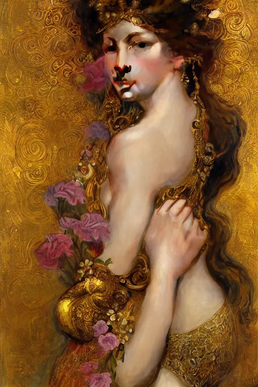 Image similar to an intricate artistic pose painting of a beautiful young goddess with an artistic sensual pose in bed with klimt golden motives and textures, hyper detailed, ornamental gold headpiece, octane render, vivid colors, artstation, by jeremy mann, by alphonse mucha, by boris vallejo