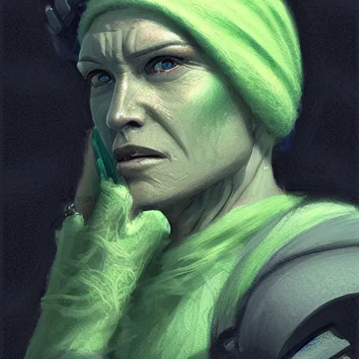 Image similar to portrait of a woman by greg rutkowski, female twi'lek, green skin, wool cap, star wars expanded universe, she is about 6 0 years old, wearing uniform of the galactic alliance navy, highly detailed portrait, digital painting, artstation, concept art, smooth, sharp foccus ilustration, artstation hq