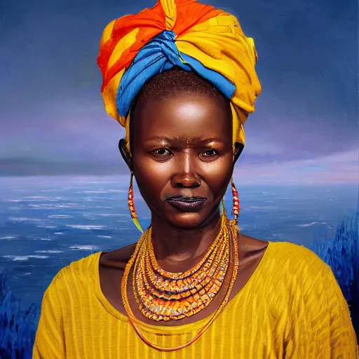 Prompt: portrait of an congolese woman ( 3 5 ) from democratic republic of the congo ( congo - kinshasa ) in 2 0 2 1, an oil painting by ross tran and thomas kincade