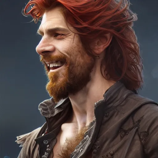 Prompt: portrait of a young ruggedly handsome but joyful pirate, male, masculine, upper body, red hair, long hair, d & d, fantasy, roguish smirk, intricate, elegant, highly detailed, digital painting, artstation, concept art, matte, sharp focus, illustration, art by artgerm and greg rutkowski and alphonse mucha