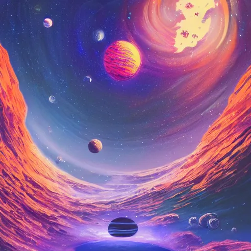 Image similar to space landscape, illustration painting, oil on canvas, intricate, detailed illustration, hd, digital art, overdetailed art, concept art, complementing colors, detailed, illustration painting by alex gray, digital art, overdetailed art, concept art, matte painting, concept art, complementing colors rendered by beeple, syd meade