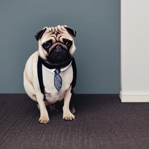 Image similar to pug in a suit, studio photography, canon r 6, cinematic light