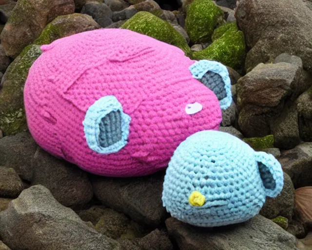 Prompt: crocheted blobfish, deep sea fish made of yarn, overstuffed with cotton stuffing, squishy, soft, plush, comfy, comfortable, comforting, soothing, sweet, tender, gentle, kind