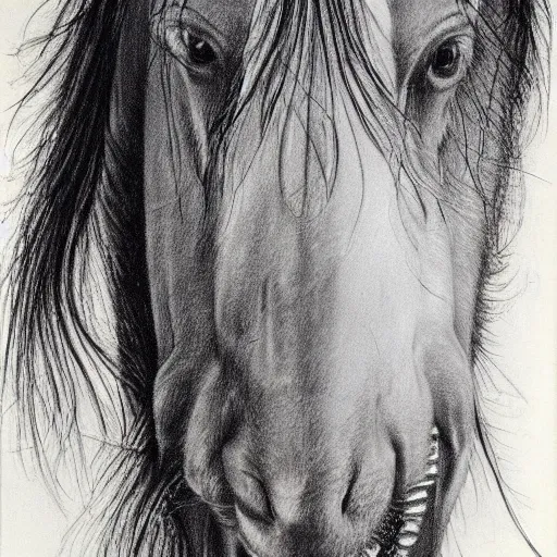 Image similar to A horse grinning with a full set of human teeth, drawing by Stephen Gammell