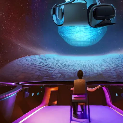 Prompt: a hyperrealistic 3D octane render of an elephant wearing oculus rift VR headset and playing a keyboard inside of a dome planetarium, 8k, unreal engine, dramatic lighting, volumetric lighting, uplighting, ray tracing, photorealistic,