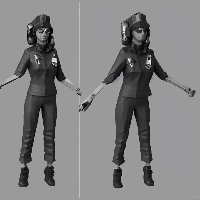 Image similar to Low poly clay render of a cyberpunk lady pilot